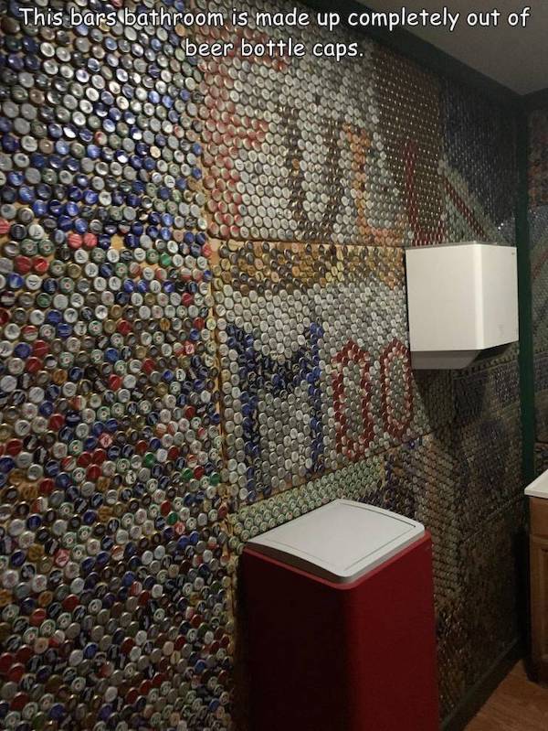wins - wholesome - ftw- wall - This bars bathroom is made up completely out of beer bottle caps.
