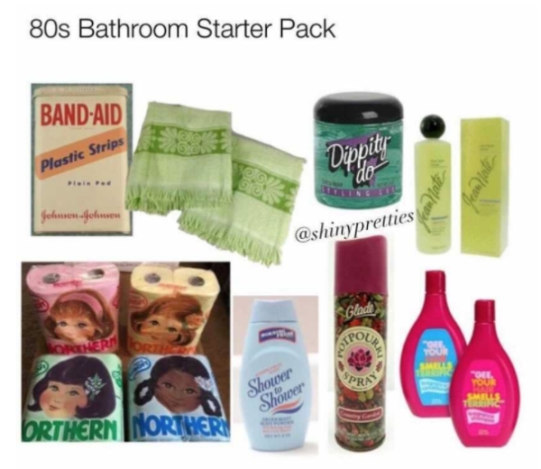 plastic - 80s Bathroom Starter Pack BandAid Plastic Strips So Dippity do pied yould Jean Nate Johnson Johnson Glade Orkert Ori Tou Prs Toel Tour Shower Shower Orthern Norther