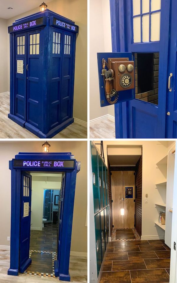 A secret closet entrance: a Doctor Who TARDIS. Our son always wanted a secret room so I built this TARDIS. Found some lockers that a school was going to throw out and made a sweet walk-in closet to the bathroom.