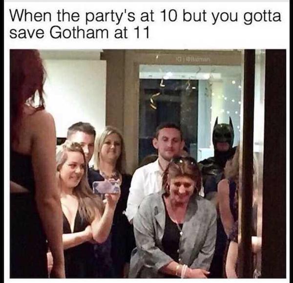 photo caption - When the party's at 10 but you gotta save Gotham at 11 Biman
