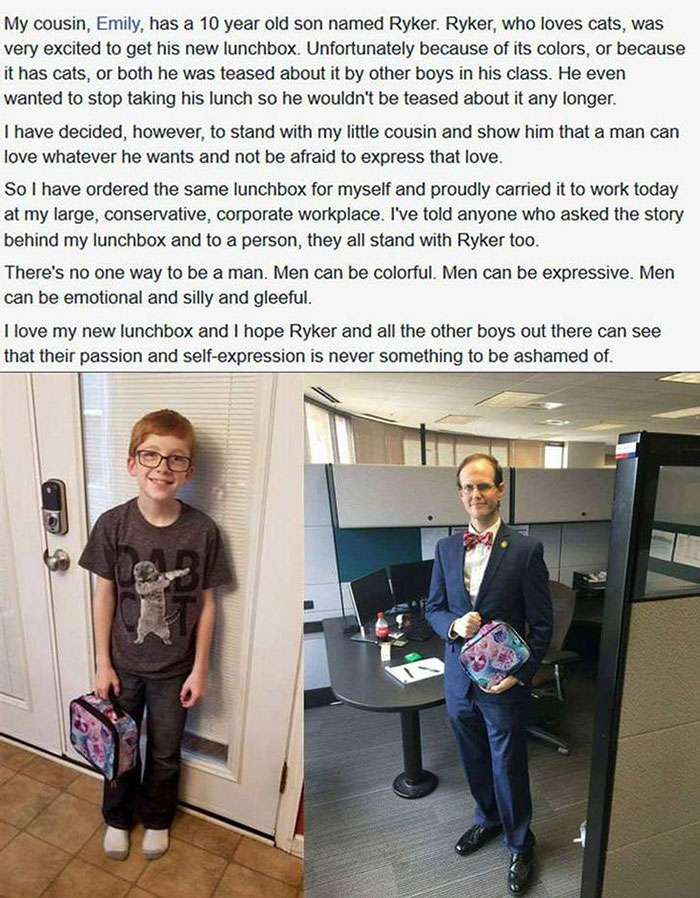 wholesome pics - true stories faith in humanity restored story - My cousin, Emily, has a 10 year old son named Ryker. Ryker, who loves cats, was very excited to get his new lunchbox. Unfortunately because of its colors, or because it has cats, or both he 