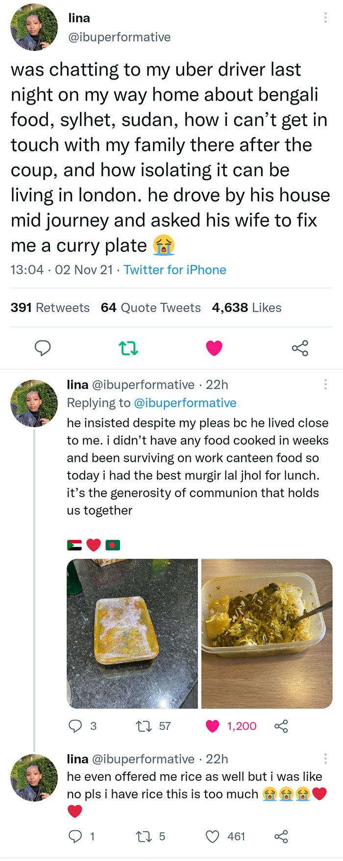 wholesome pics - food - lina was chatting to my uber driver last night on my way home about bengali food, sylhet, sudan, how i can't get in touch with my family there after the coup, and how isolating it can be living in london. he drove by his house mid 