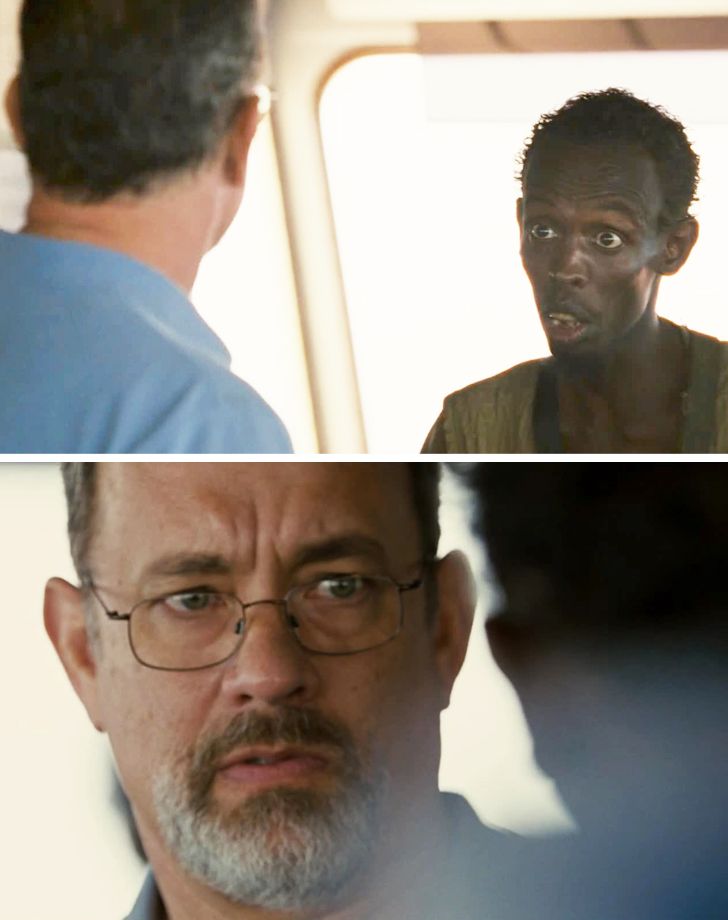 In Captain Phillips, the phrase, “Look at me! I’m the captain now!” was an improvisation of the debutant actor, Barkhad Abdi. That’s the reason why Tom Hanks looks so naturally surprised in the frame. By the way, after the movie’s release, Abdi was nominated for an Oscar for “best-supporting actor.”