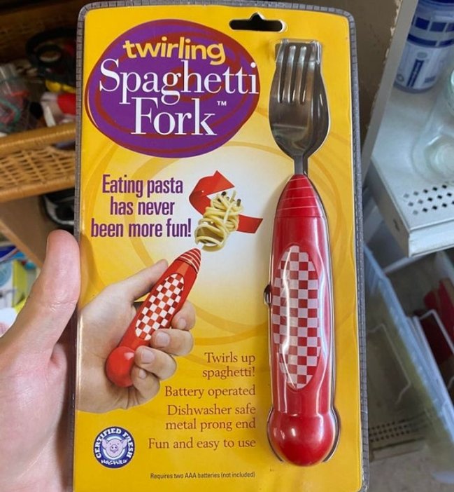 bad ideas that shouldn't be invented - twirling spaghetti fork - twirling Spaghetti Fork" L Eating pasta has never been more fun! Twirls up spaghetti! Battery operated Dishwasher safe metal prong end Fun and Ese easy to use Hagle Requires two Aaa batterie