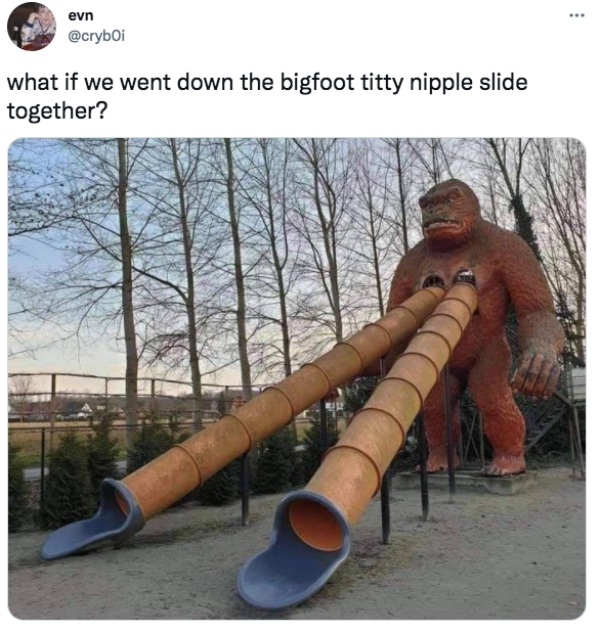 Funny Tweets  - booba gorilla slide - evn what if we went down the bigfoot titty nipple slide together?