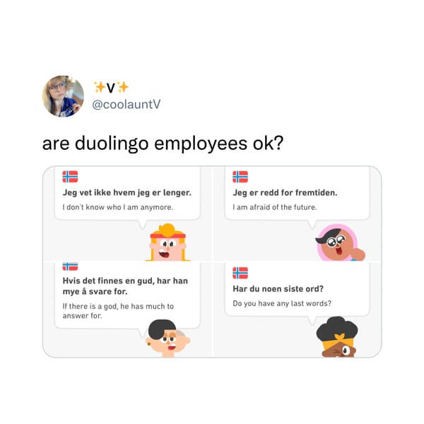Funny Tweets  - media - V are duolingo employees ok? Jeg vet ikke hvem jeg er lenger. I don't know who I am anymore. Jeg er redd for fremtiden. I am afraid of the future. Hvis det finnes en gud, har han mye svare for. If there is a god, he has much to ans