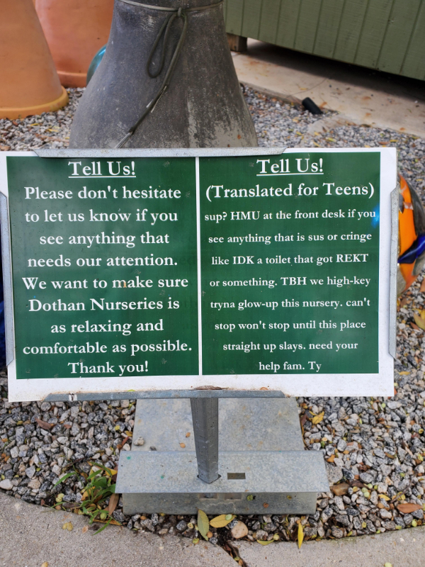 “Local plant nursery has a Notice translation for teens.”