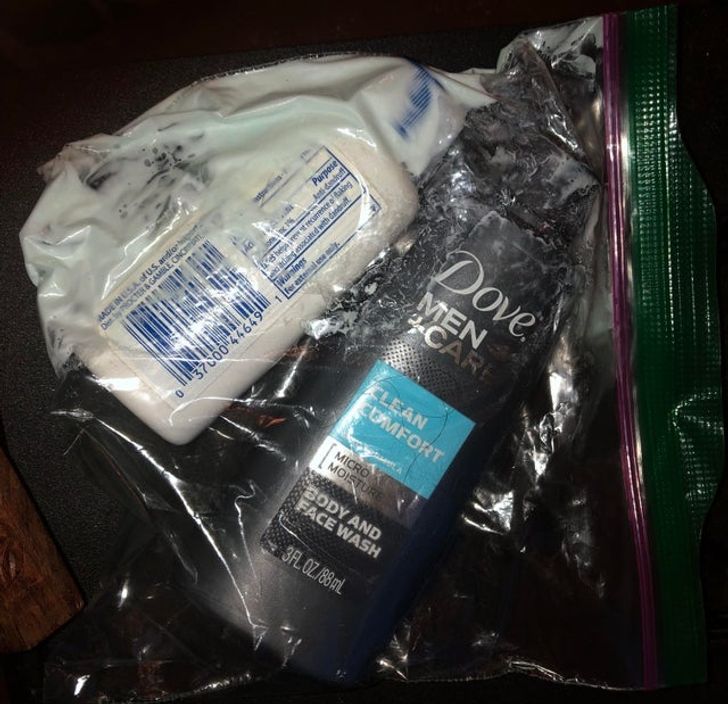 “When traveling always keep your shampoos in a ziplock bag for this reason.”