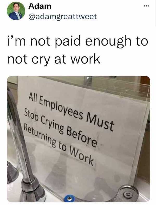 work memes - office memes - material - ... Adam i'm not paid enough to not cry at work All Employees Must Stop Crying Before Returning to Work