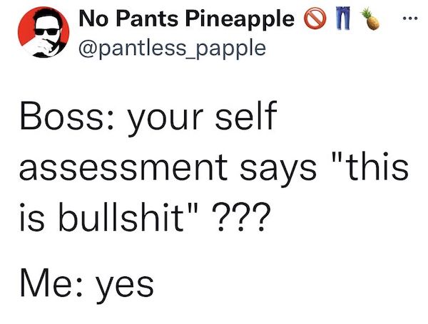 work memes - office memes - pay yourself first - ... No Pants Pineapple on Boss your self assessment says "this " is bullshit" ??? Me yes