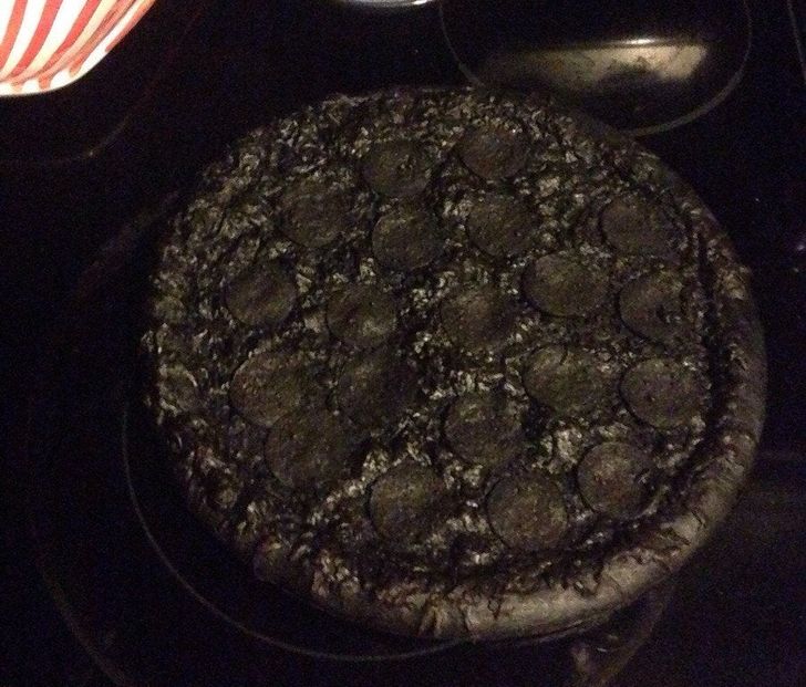 “My boyfriend put a pizza in the oven and fell asleep, and this was the result.”