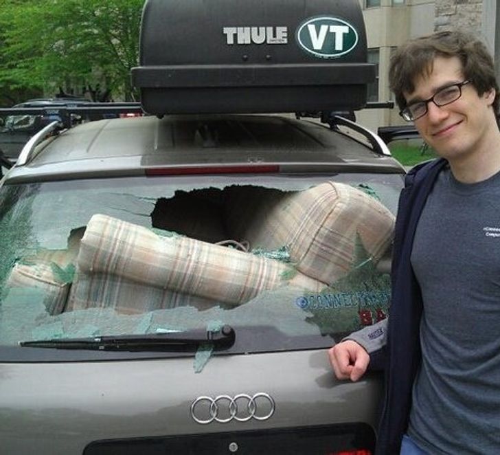 “After finally fitting the couch in the car, we decided to take a victory picture.”