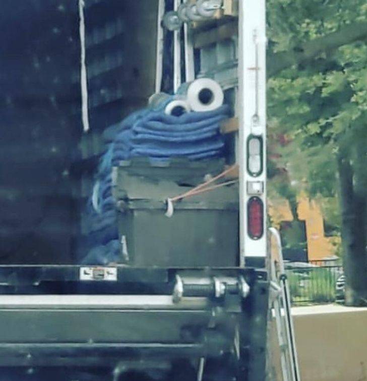 “This stack of towels and rolls looks like Cookie Monster.”