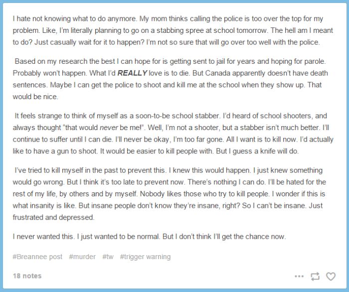 One of the last tumblr posts made by the 14y/o who stabbed 9 people at a Canadian high school