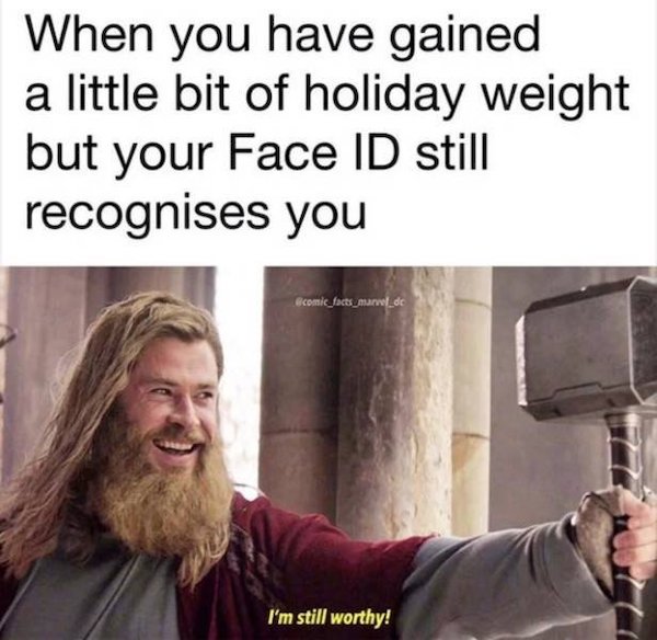 relatable memes  - take shape for life - When you have gained a little bit of holiday weight but your Face Id still recognises you comic_facts_marvel_de I'm still worthy!