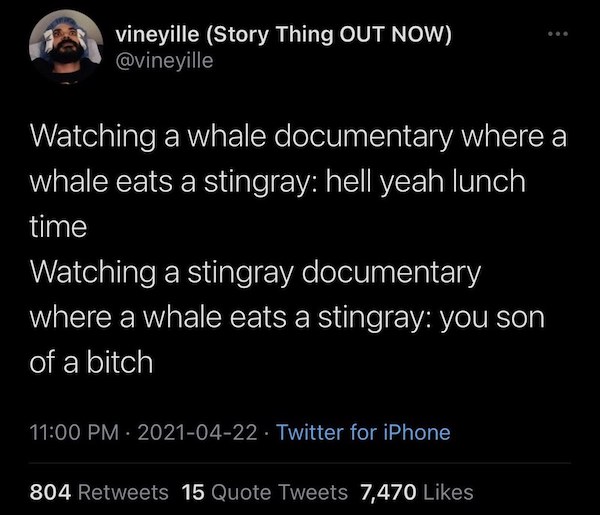 relatable memes  - vineyille Story Thing Out Now Watching a whale documentary where a whale eats a stingray hell yeah lunch time Watching a stingray documentary where a whale eats a stingray you son of a bitch Twitter for iPhone 804 15 Quote Tweets 7,470