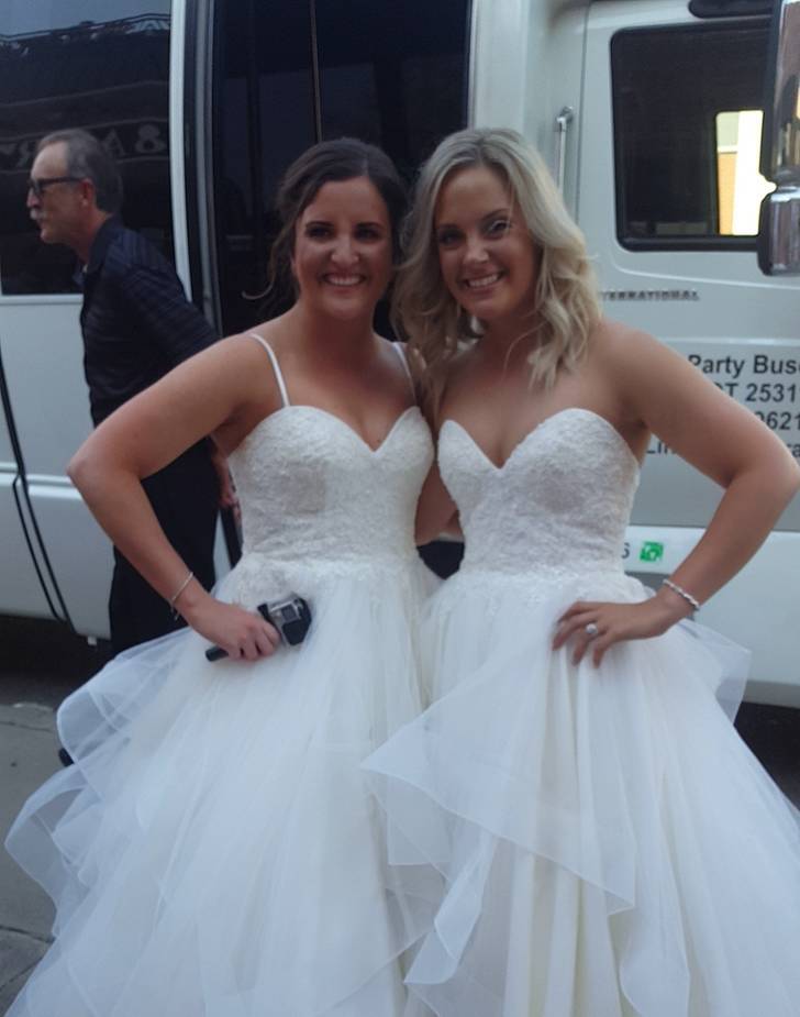 “My best friend got married and the only other bride we ran into was wearing the exact same dress!”