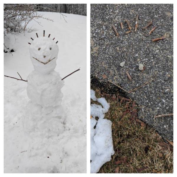 “My snowman fell over and melted, but his face and hair still look the same.”