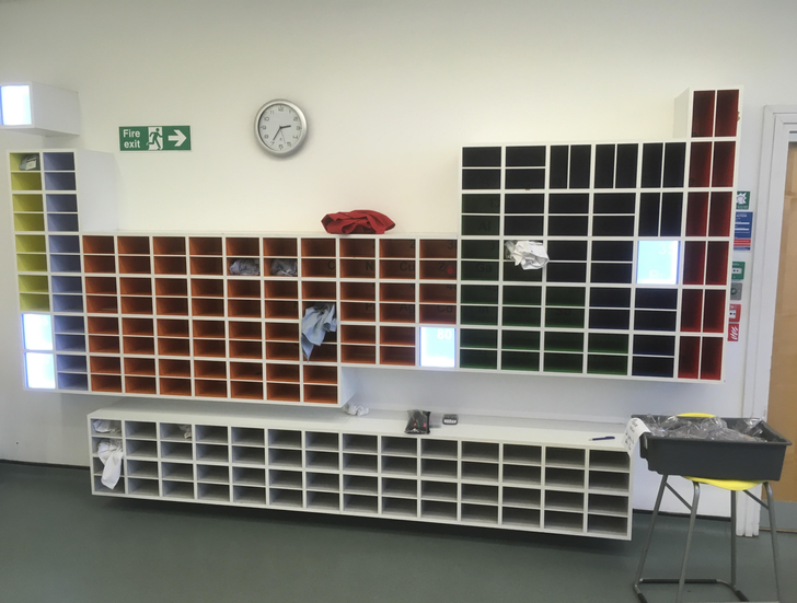 “Periodic table shelving in a university lab”