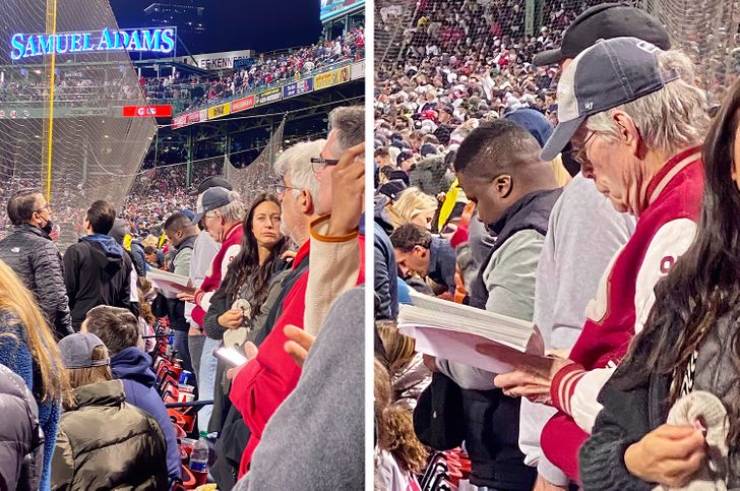 fascinating photos - stephen king reading book at red sox game