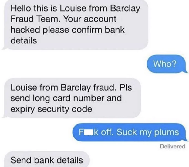 scammers called out -  organization - Hello this is Louise from Barclay Fraud Team. Your account hacked please confirm bank details Who? Louise from Barclay fraud. Pls send long card number and expiry security code Fuk off. Suck my plums Delivered Send ba
