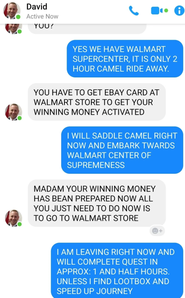 scammers called out -  web page - David Active Now Yuu! 1. 0 Yes We Have Walmart Supercenter, It Is Only 2 Hour Camel Ride Away. You Have To Get Ebay Card At Walmart Store To Get Your Winning Money Activated I Will Saddle Camel Right Now And Embark Twards