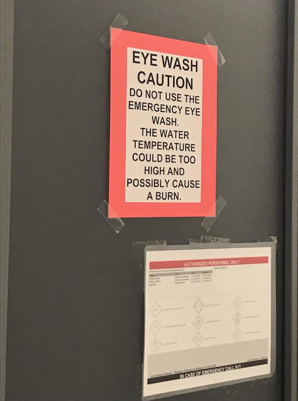 signage - Eye Wash Caution Do Not Use The Emergency Eye Wash The Water Temperature Could Be Too High And Possibly Cause A Burn Authorized Personnel Only In Case Of Emergency Call