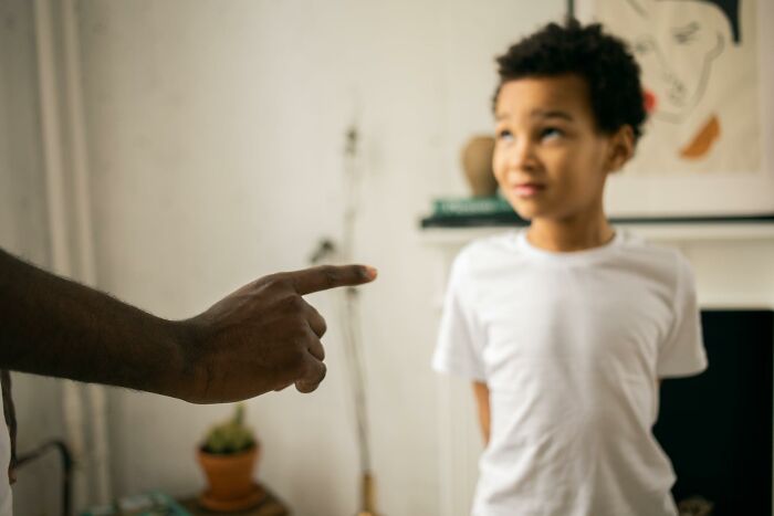 That children aren't allowed to show emotions when they're upset at their parents. Doubly so when they're getting chewed out.