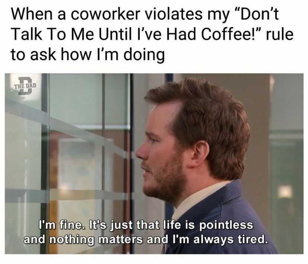 no friends at school memes - When a coworker violates my Don't Talk To Me Until I've Had Coffee!" rule to ask how I'm doing The Dad I'm fine. It's just that life is pointless and nothing matters and I'm always tired.