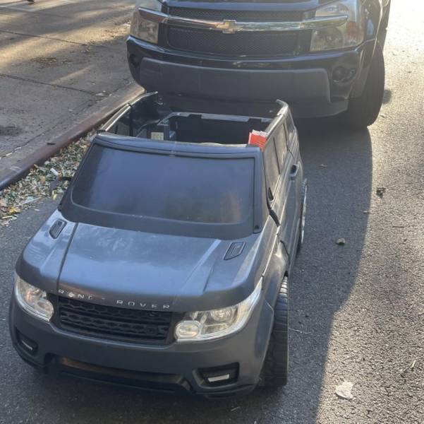 “This kid’s mini Range Rover parked on a New York City street got a parking ticket.”