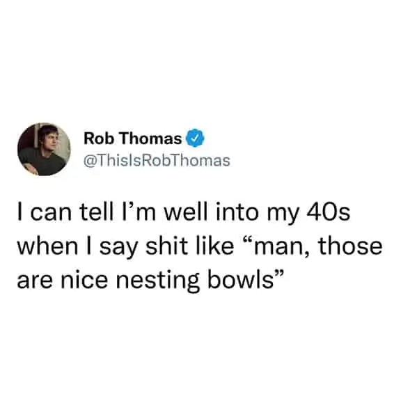 tweets for old people - organization - Rob Thomas I can tell I'm well into my 40s when I say shit man, those are nice nesting bowls"