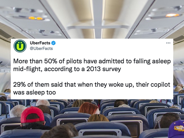 uber facts - flair airlines seats - UberFacts More than 50% of pilots have admitted to falling asleep midflight, according to a 2013 survey 29% of them said that when they woke up, their copilot was asleep too
