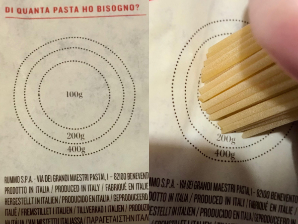 “This packet of pasta has a drawing to gauge the quantity of pasta w/o a scale.”