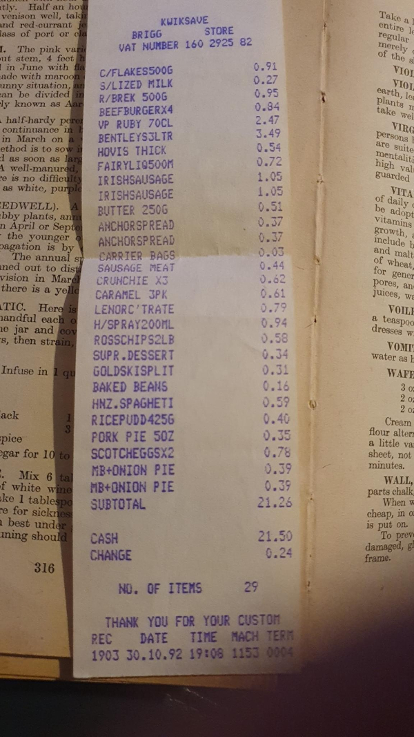 “A receipt found in a book from 1992. Not a vegetable in sight.”
