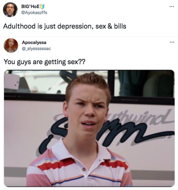 funny tweets  - mean memes - . Big'Hoe Adulthood is just depression, sex & bills ... Apocalyssa You guys are getting sex?? wind