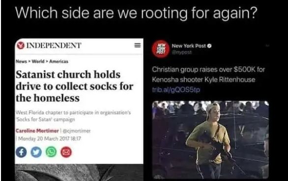 cringe pics - rittenhouse facepalm meme - Which side are we rooting for again? Tone Now New York Post A enost Independent News World Americas Satanist church holds drive to collect socks for the homeless West Florida chapter to participate in organisation