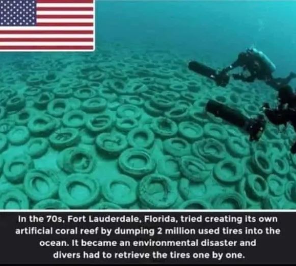 cringe pics - In the 70s, Fort Lauderdale, Florida, tried creating its own artificial coral reef by dumping 2 million used tires into the ocean. It became an environmental disaster and divers had to retrieve the tires one by one.