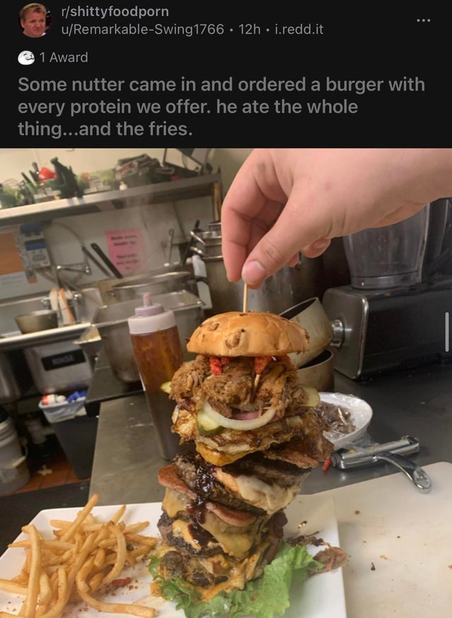 dudes living on their terms  - junk food - rshittyfoodporn uRemarkableSwing1766 12h j.redd.it 1 Award Some nutter came in and ordered a burger with every protein we offer. he ate the whole thing...and the fries.