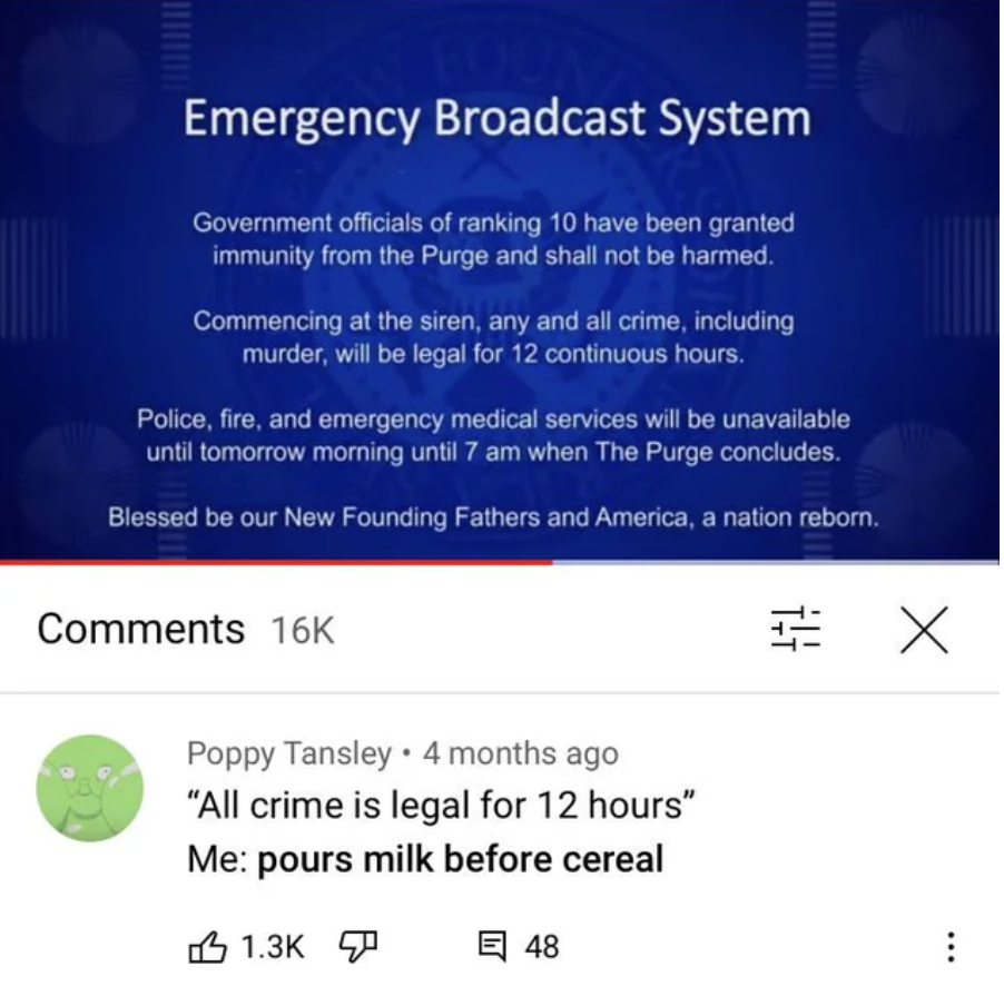 dudes living on their terms  - material - Dit Emergency Broadcast System Government officials of ranking 10 have been granted immunity from the Purge and shall not be harmed Commencing at the siren, any and all crime, including murder, will be legal for 1