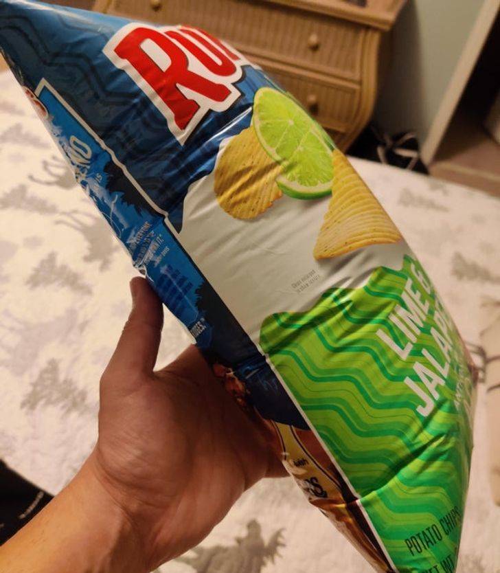 “Bag of chips swelled up after driving from 400′ elevation to 4400′ elevation.”