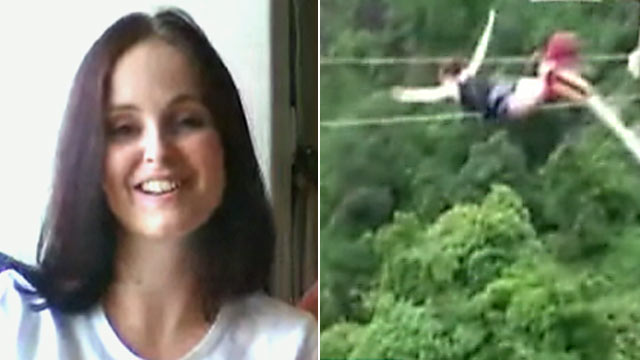 While Erin Langworthy was bungee jumping 360 feet above the Zambezi river, the cord broke and she was forced to swim the raging waters with her feet tied together, at one point diving to free the rope from debris.