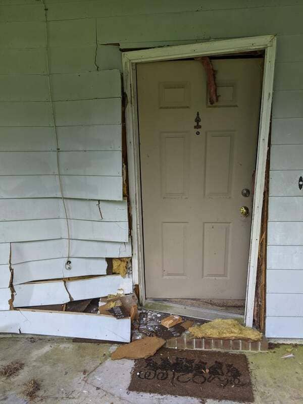 Neighbor’s 12yo grandkid decided to sneak in the car and take a joyride. Freaked out, hit the gas, and crossed their lawn and mine to hit the front of my house.