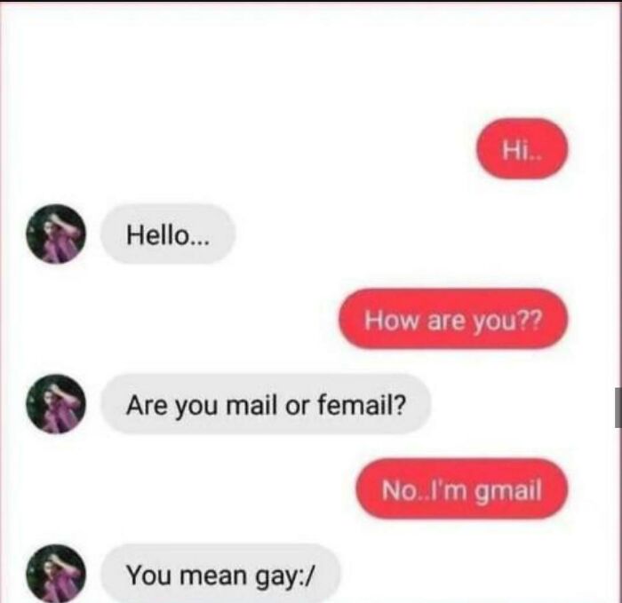 mail or femail meme - Hi.. Hello... How are you?? Are you mail or femail? No. I'm gmail You mean gay