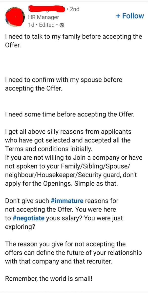 document - . 2nd Hr Manager 1d. Edited. I need to talk to my family before accepting the Offer. I need to confirm with my spouse before accepting the Offer. I need some time before accepting the Offer. get all above silly reasons from applicants who have 