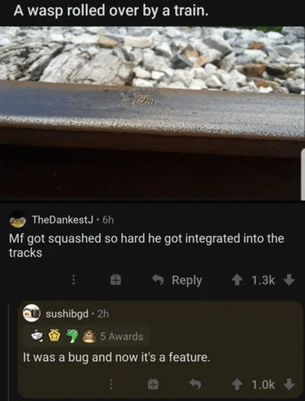 clever comments  - bug now it's a feature - A wasp rolled over by a train. TheDankestj . 6h Mf got squashed so hard he got integrated into the tracks sushibgd 2h 5 Awards It was a bug and now it's a feature.