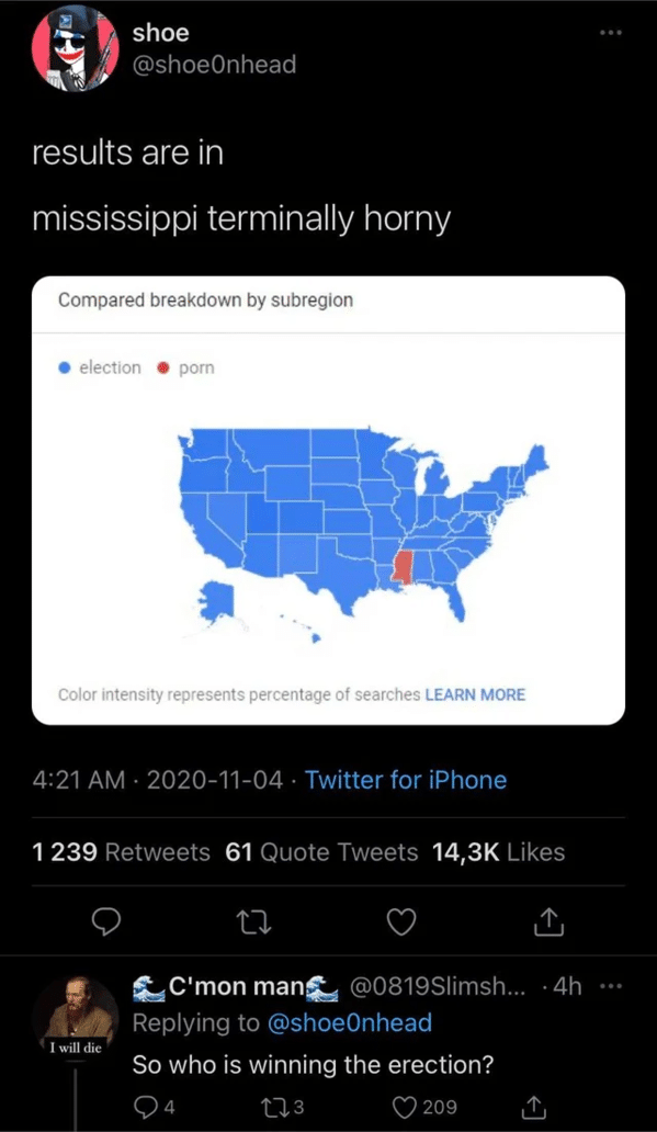 clever comments  - sixty nice - shoe results are in mississippi terminally horny Compared breakdown by subregion election porn Color intensity represents percentage of searches Learn More . Twitter for iPhone 1 239 61 Quote Tweets 27 I will die C'mon man