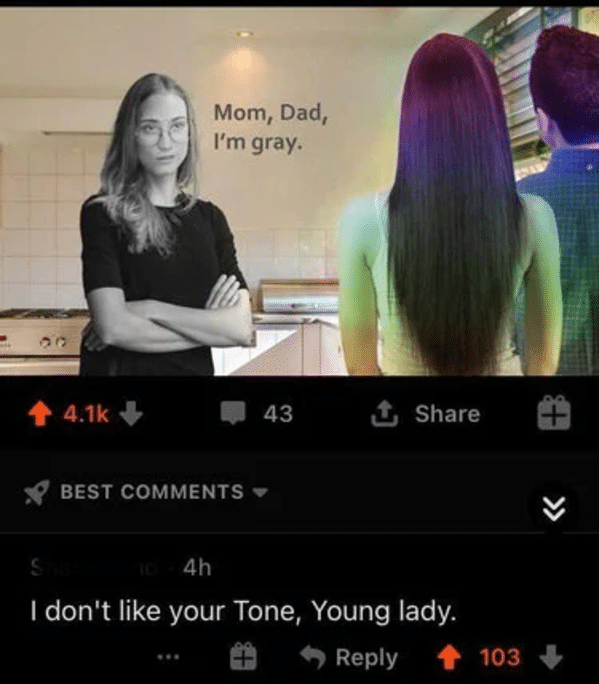 clever comments  - mom dad im gray meme - Mom, Dad, I'm gray 43 1 Best S 4h I don't your Tone, Young lady. 103
