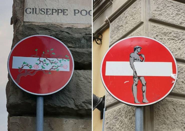 “Creative traffic sign drawings in Florence, Italy”