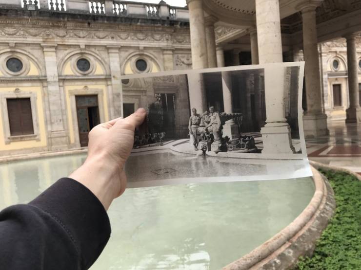 “It took me 5 years to track down (and then visit) the location of this WWII photo of my grandfather. Taken in 1945 and 2017.”