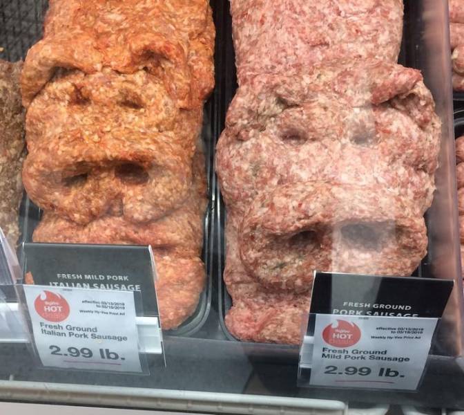 “A local grocery store’s meat counter got creative with the ground pork today.”